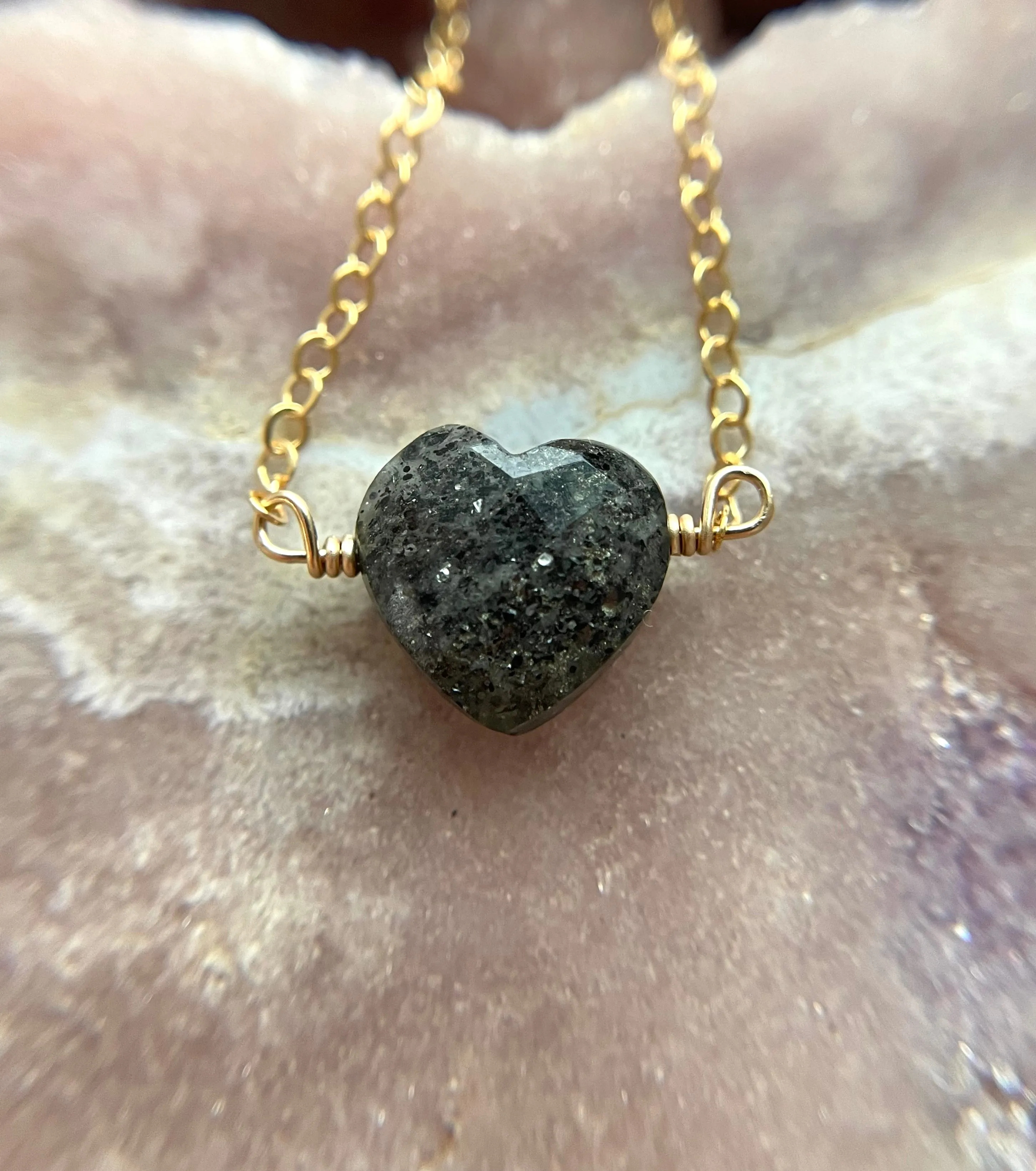 Black Sunstone Heart Crystal Necklace Sterling Silver or 14kt Gold Filled