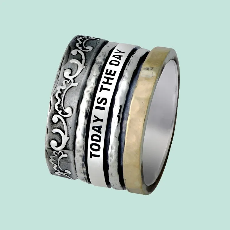 Bluenoemi Israeli Spinner Ring Silver Gold Afirmation Rings "Today is the Day"