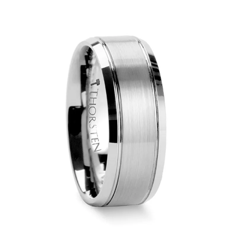 CRONUS | Silver Tungsten Ring, Brushed Center 2 Grooves, Domed