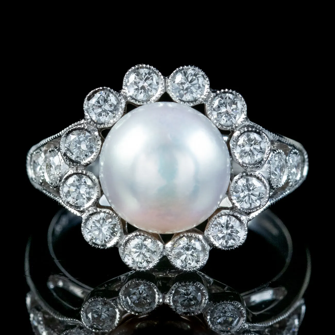 Edwardian Style Pearl Diamond Daisy Ring 1.30ct Of Diamond