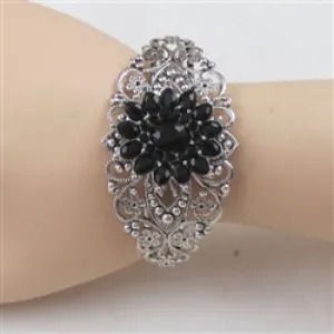 Garden Charm Silver Cuff Bangle Bracelet with Black Accent