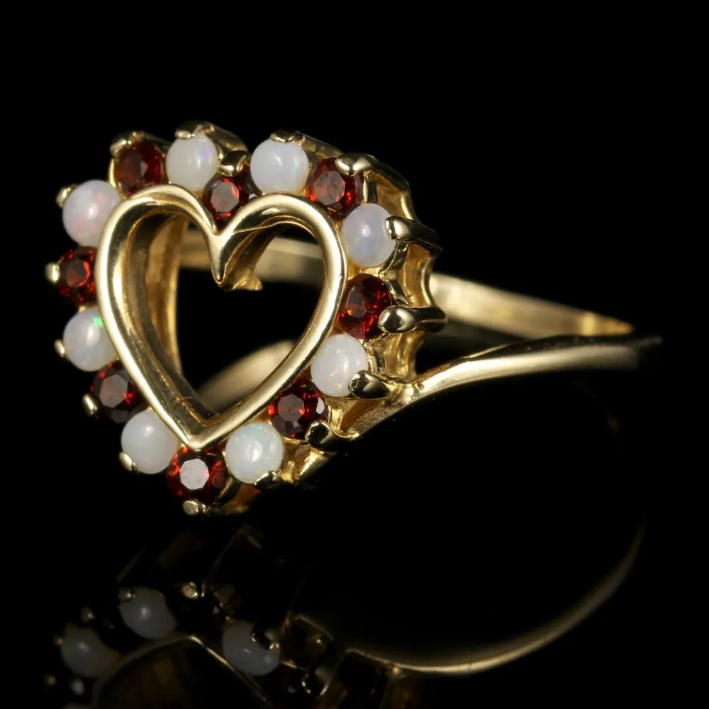 Garnet And Opal Heart Ring 9Ct Gold Victorian