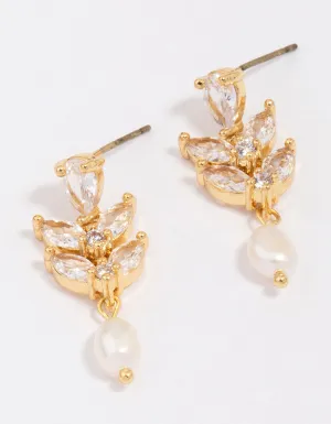 Gold Plated Double Leaf Pearl Drop Earrings