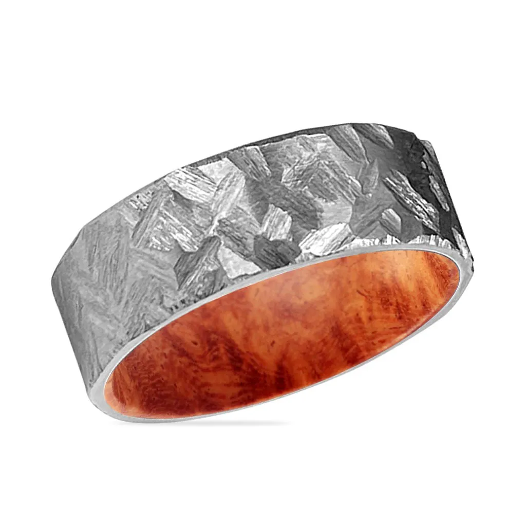 HARKIN | Red Burl Wood, Silver Titanium Ring, Hammered, Flat