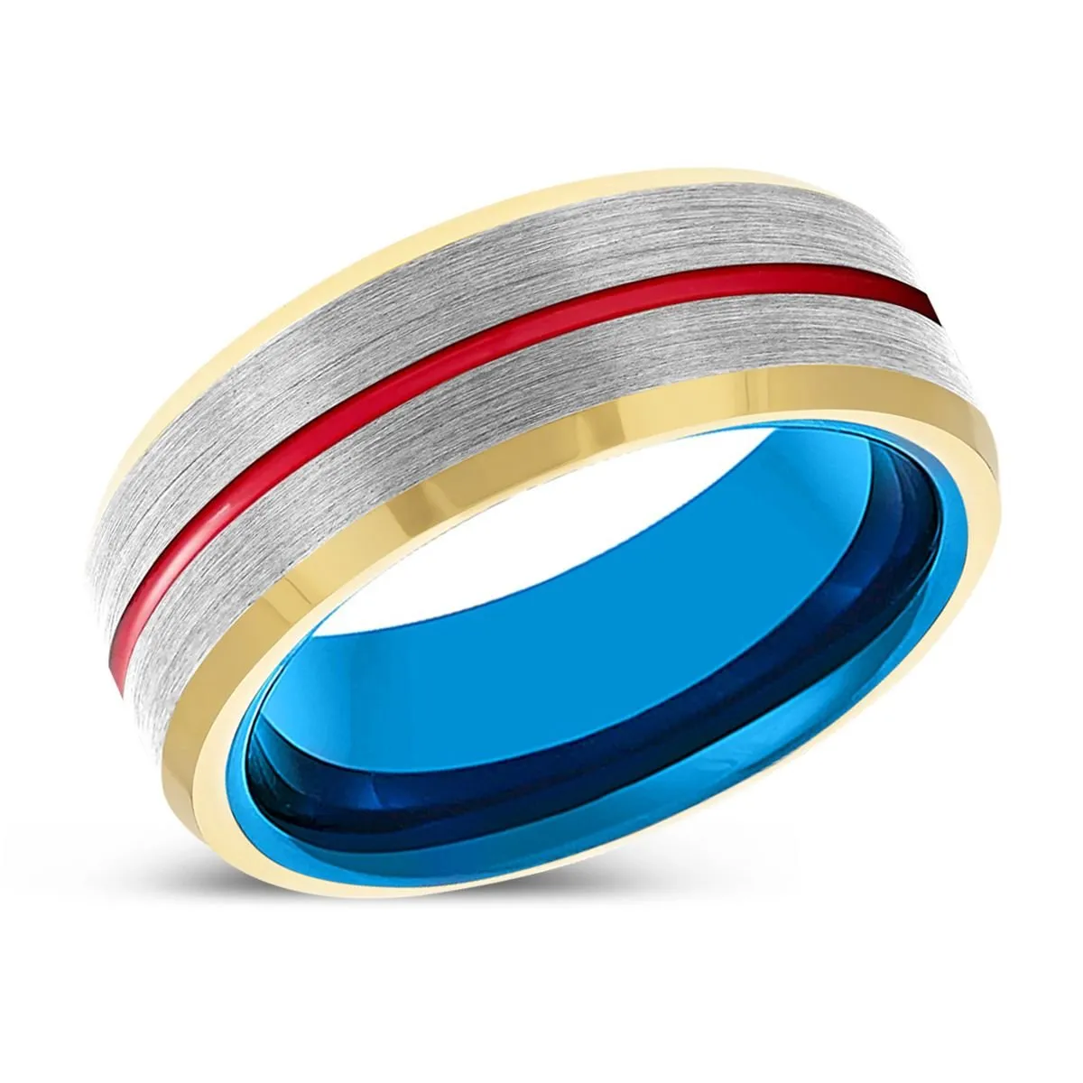 HAWKEYE | Blue Tungsten Ring, Silver Tungsten Ring, Red Groove, Gold Beveled Edge