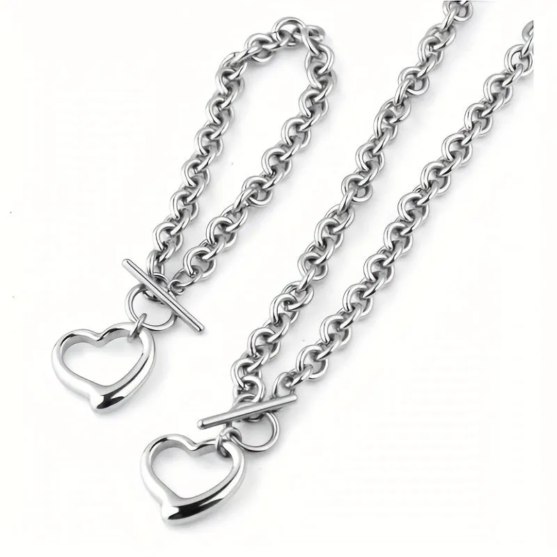 Heart Shaped Necklace and Bracelet Set Stylish Unisex Jewelry