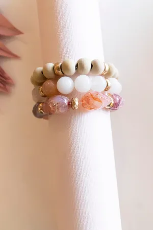 Heather Blush Bracelet Stack | Layering Crystal Wood Pisa Beads