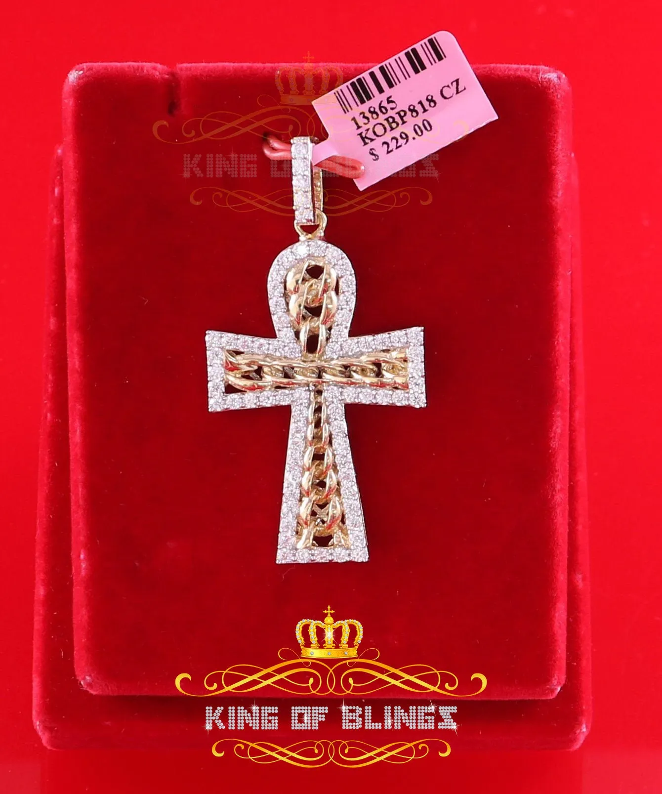 King of Bling's Yellow Sterling Silver Cross Pendant with 4.32ct Cubic Zirconia