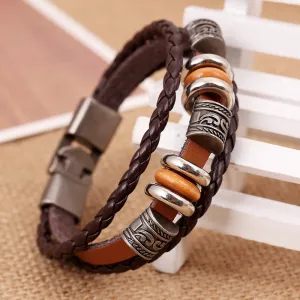 Men Fashion Vintage Engraved Braided Bracelet Retro Woven Genuine Leather Bracelets Bangles Circle Charms Bracelet Pulserias