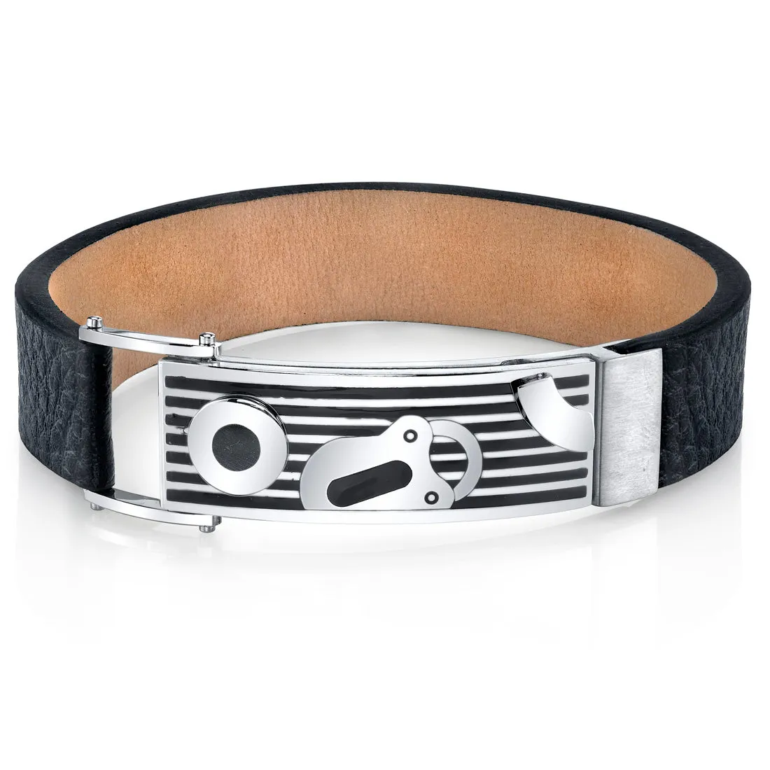 Men's Black Leather and Stainless Steel Bracelet Magnetic Fold-Over Clasp