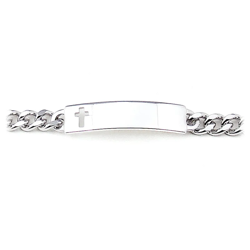 Men's ID Bracelet with Polished Plaque with Cross