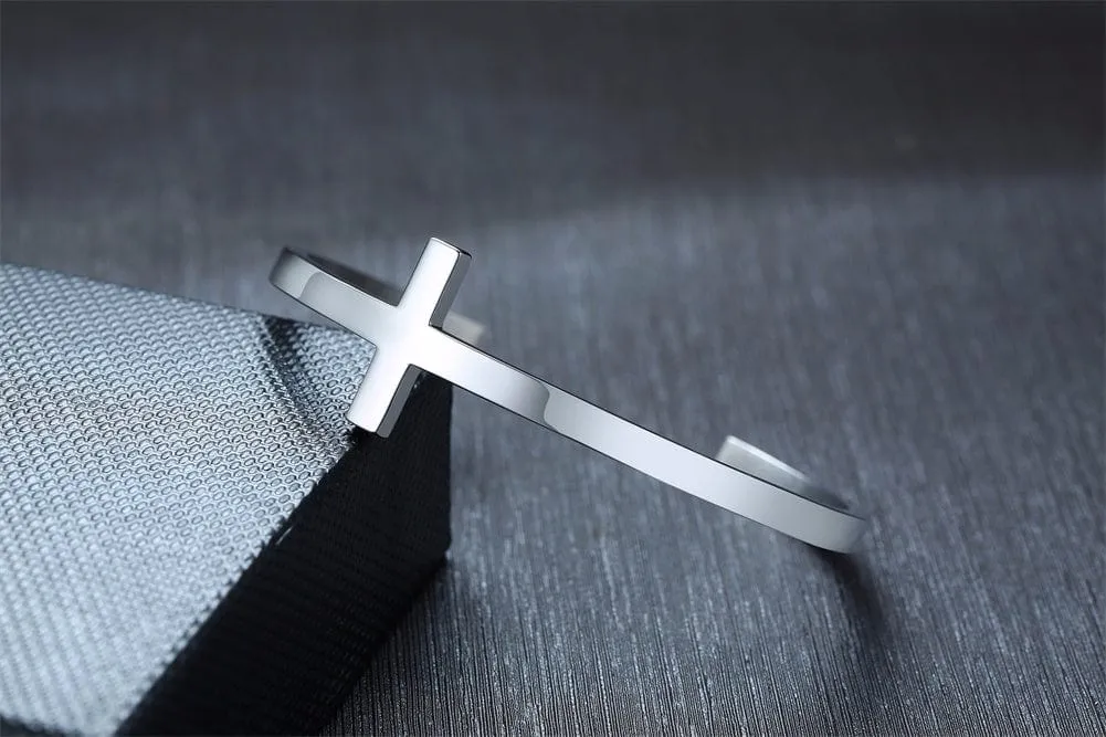 Mens Minimalist Stainless Steel Cuff Bracelet with Cross