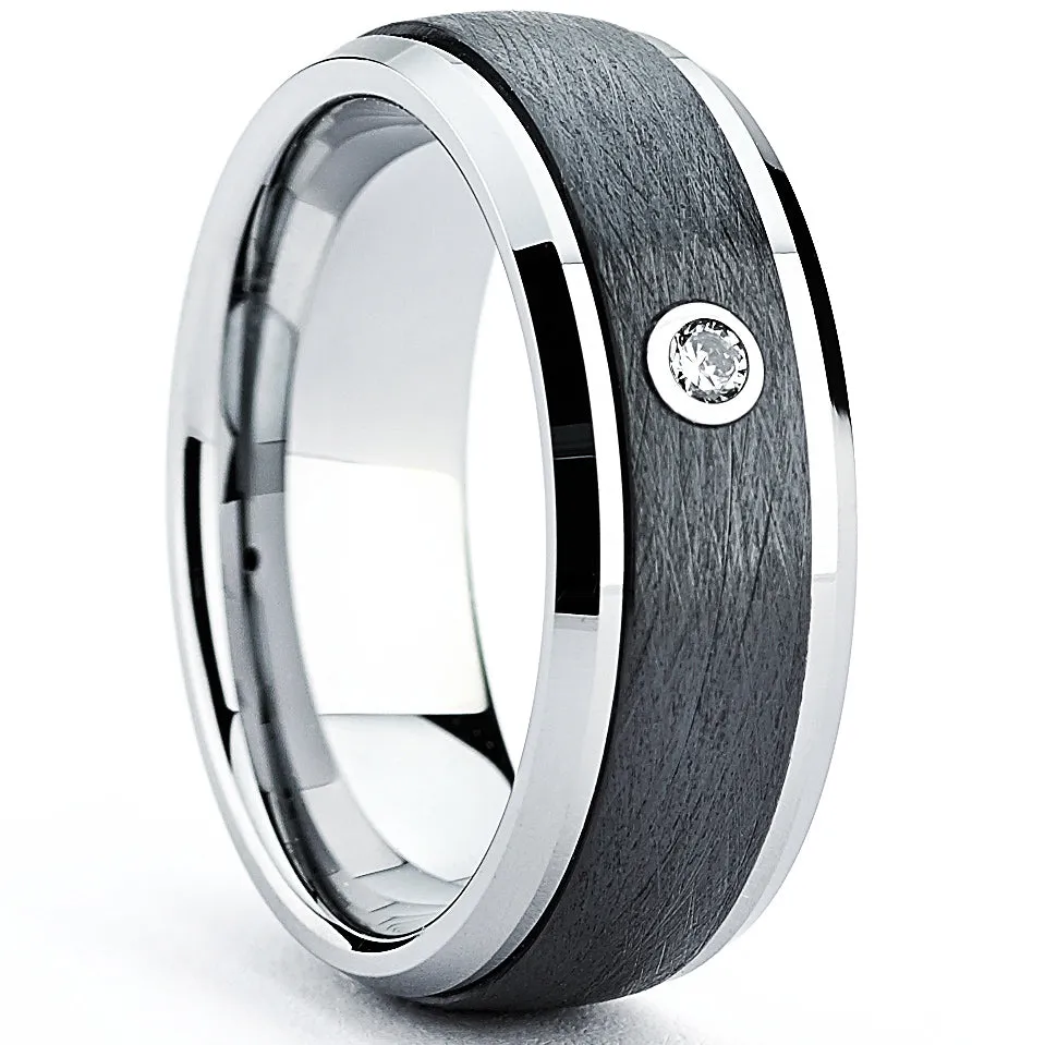 Men's Tungsten Ring Band Brushed Black Ceramic w/ 0.5 Cubic Zirconia 8MM