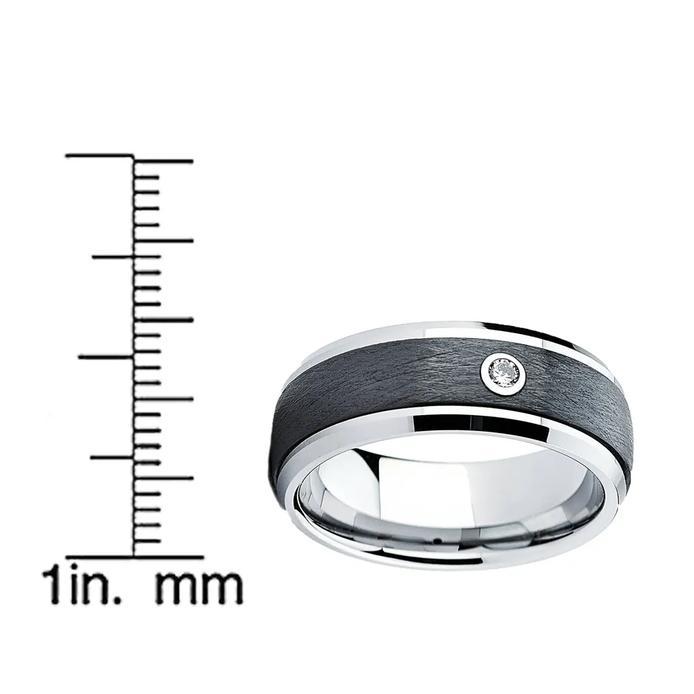 Men's Tungsten Ring Band Brushed Black Ceramic w/ 0.5 Cubic Zirconia 8MM