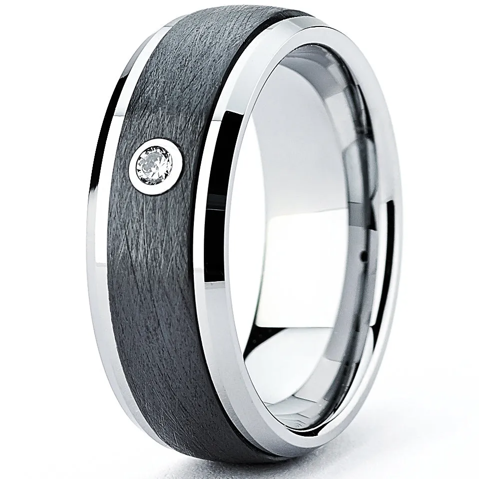 Men's Tungsten Ring Band Brushed Black Ceramic w/ 0.5 Cubic Zirconia 8MM