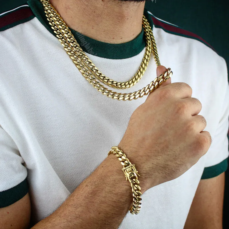 Miami Cuban Link Chain   Bracelet Set in Gold