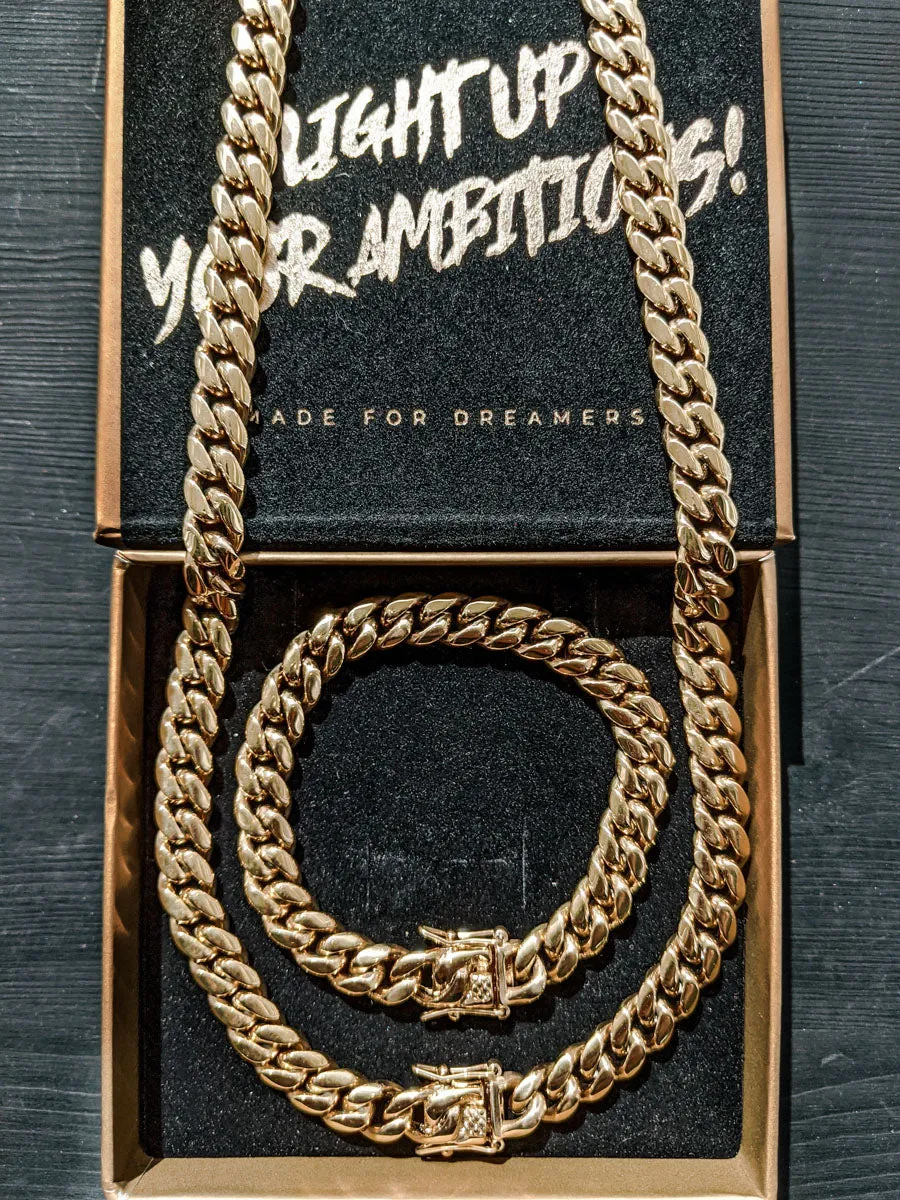 Miami Cuban Link Chain   Bracelet Set in Gold