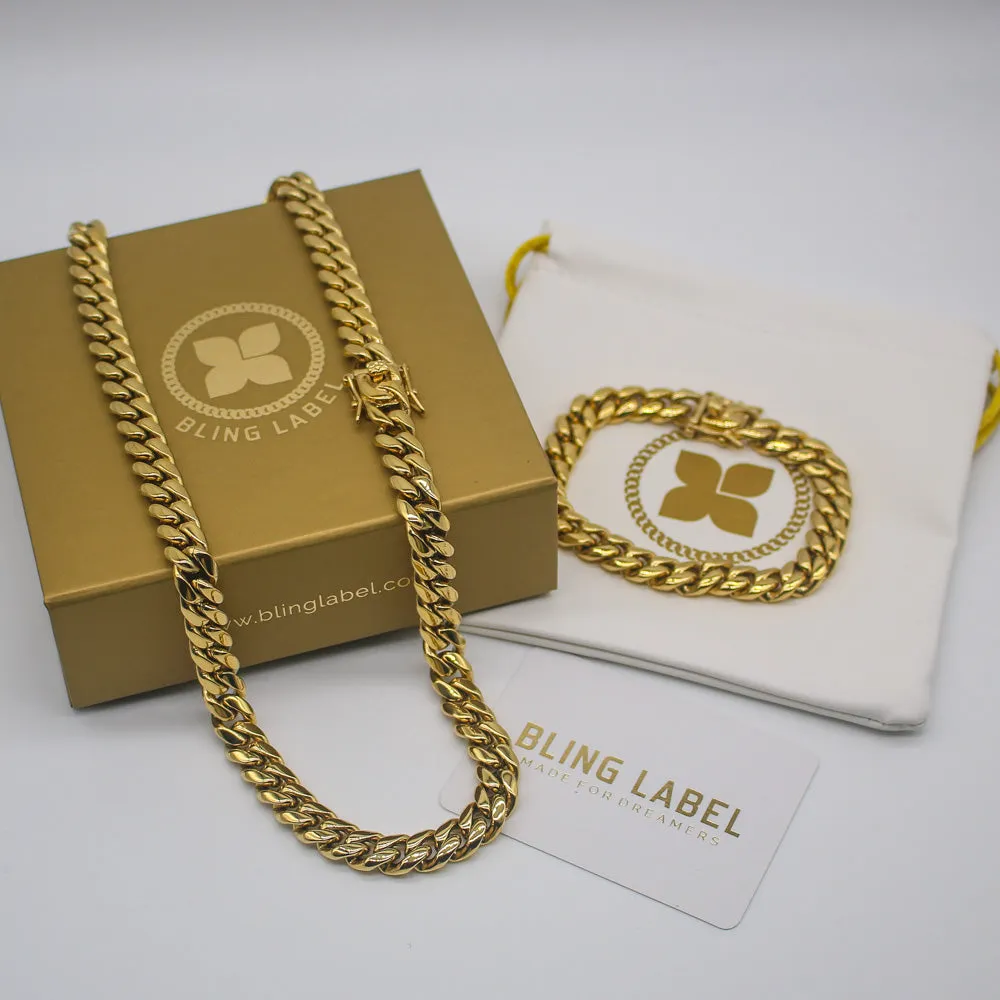 Miami Cuban Link Chain   Bracelet Set in Gold