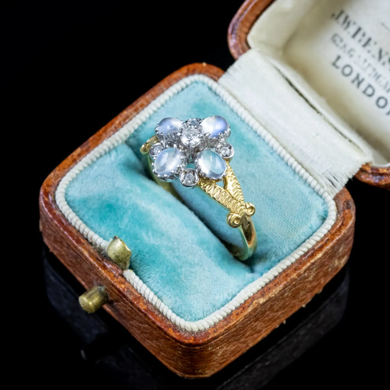 Moonstone Cluster Ring Diamond Paste Stone 18Ct Gold On Silver