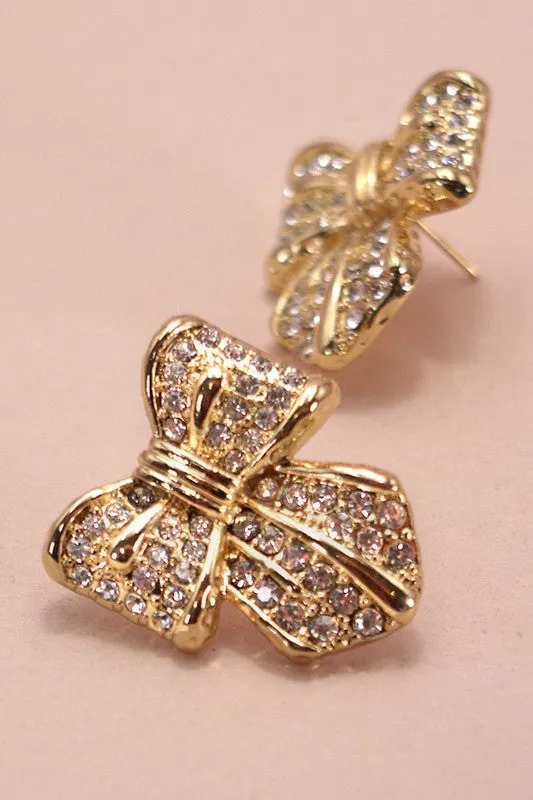 Neatly Tied Bow & Rhinestone Earrings