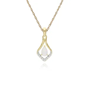 Opal Halskette, 9 Karat Gelbgold Rund Opal & Brillant Klassisch Blatt Anhänger an 45cm Kette