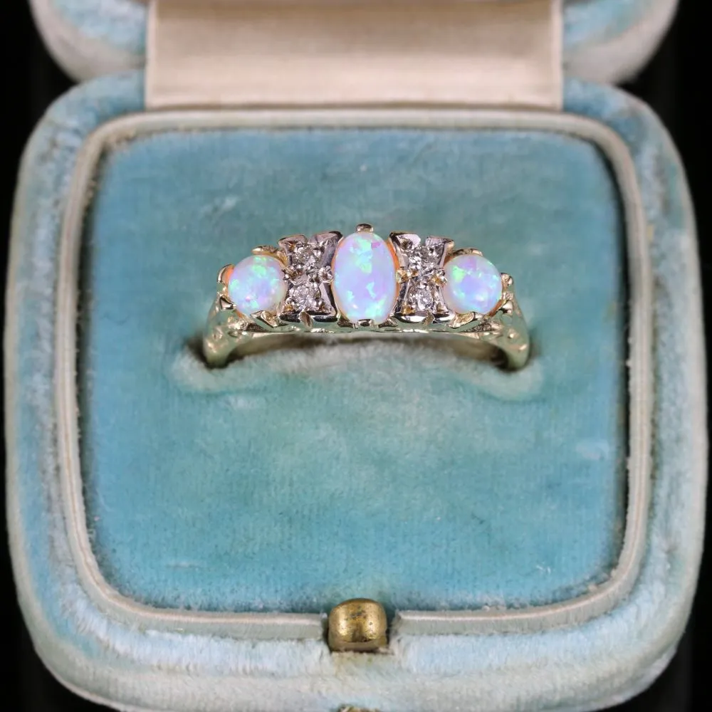 Opal Trilogy Diamond Ring 9Ct Yellow Gold