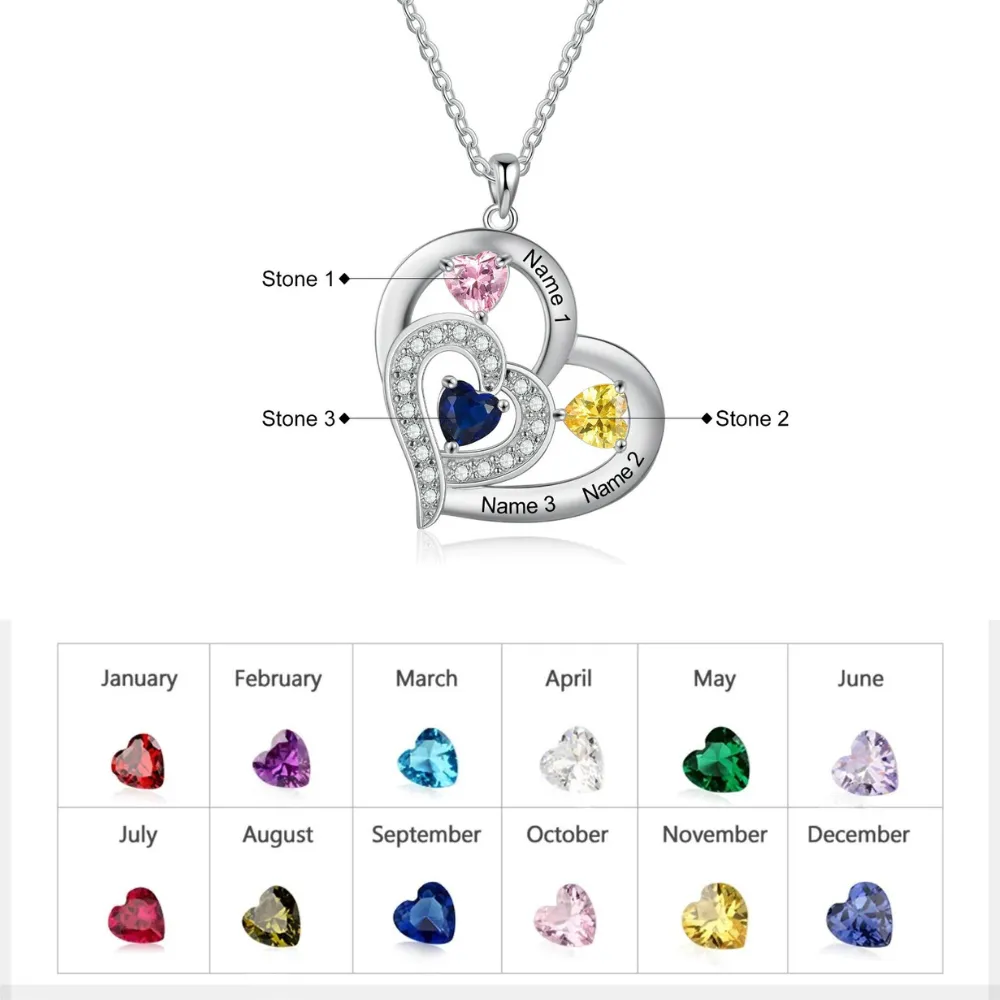 Personalized 3 Names And Birthstones Engraved Heart-Shaped Pendant