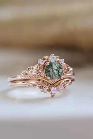 READY TO SHIP: Ariadne bridal ring set in 14K or 18K rose gold, natural moss agate 5 mm, accents moissanites, AVAILABLE RING SIZES: 4.5-11US