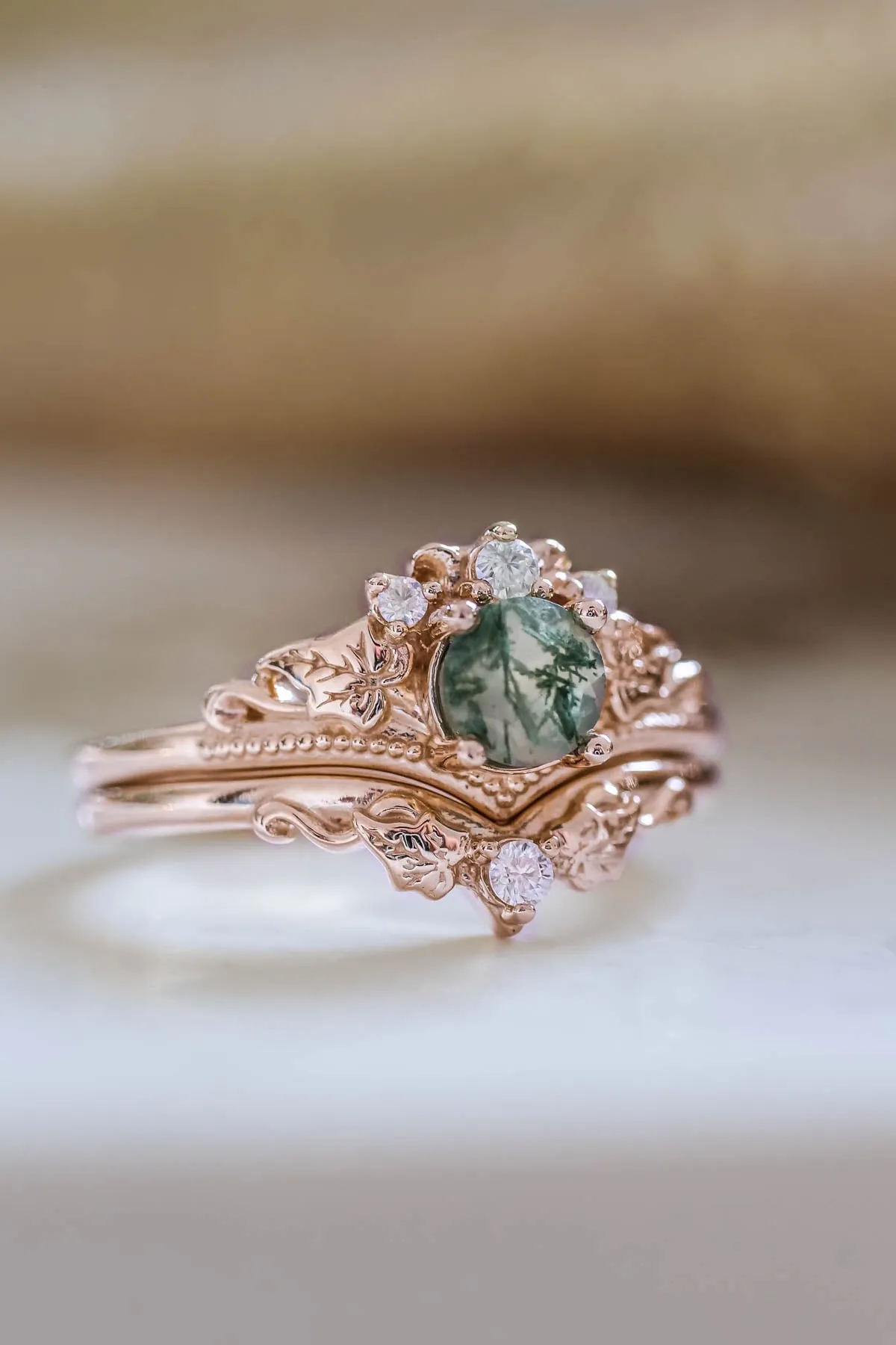 READY TO SHIP: Ariadne bridal ring set in 14K or 18K rose gold, natural moss agate 5 mm, accents moissanites, AVAILABLE RING SIZES: 4.5-11US