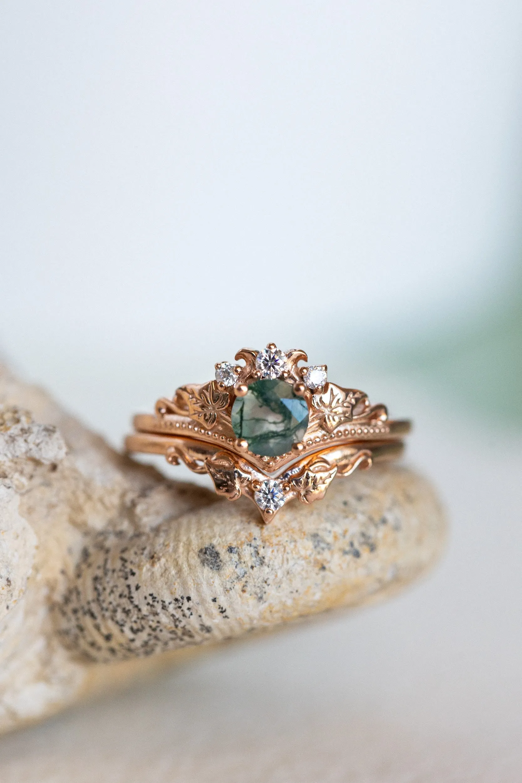 READY TO SHIP: Ariadne bridal ring set in 14K or 18K rose gold, natural moss agate 5 mm, accents moissanites, AVAILABLE RING SIZES: 4.5-11US