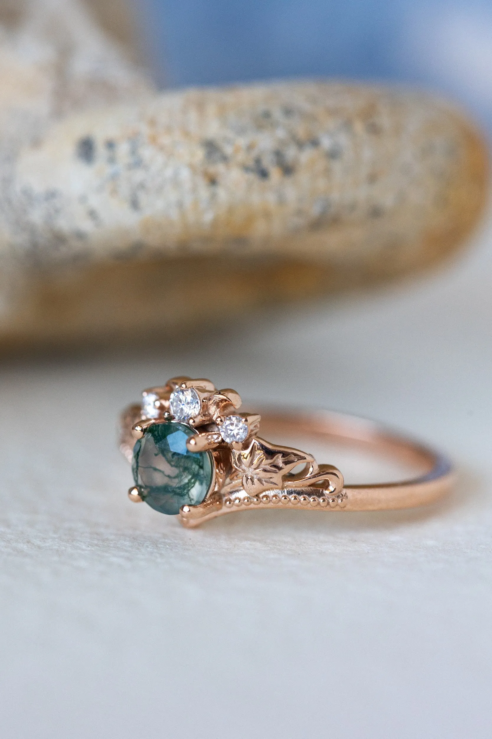 READY TO SHIP: Ariadne bridal ring set in 14K or 18K rose gold, natural moss agate 5 mm, accents moissanites, AVAILABLE RING SIZES: 4.5-11US