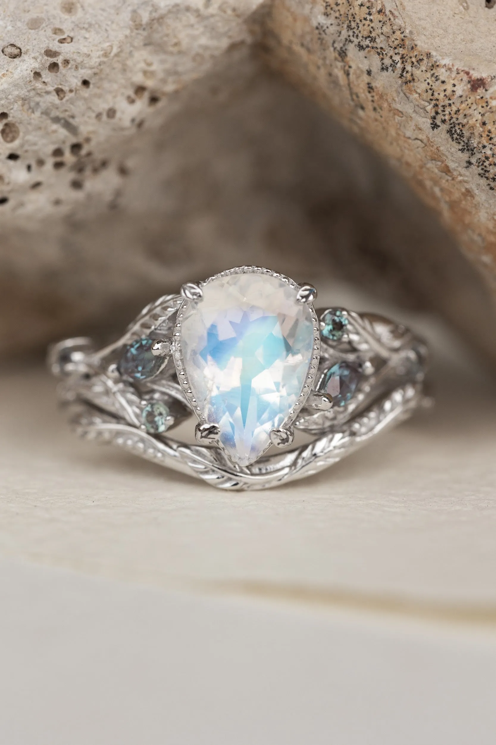 READY TO SHIP: Patricia ring set in 14K white gold, natural moonstone pear cut 10x7 mm, accent lab alexandrites, AVAILABLE RING SIZES: 5.5-7.5US