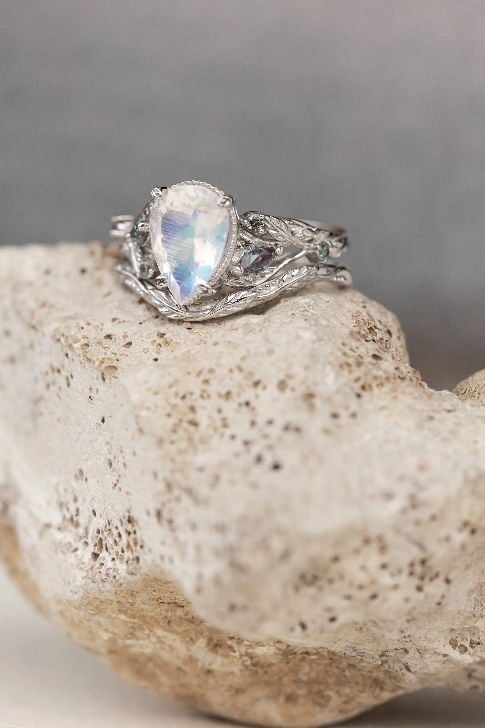 READY TO SHIP: Patricia ring set in 14K white gold, natural moonstone pear cut 10x7 mm, accent lab alexandrites, AVAILABLE RING SIZES: 5.5-7.5US