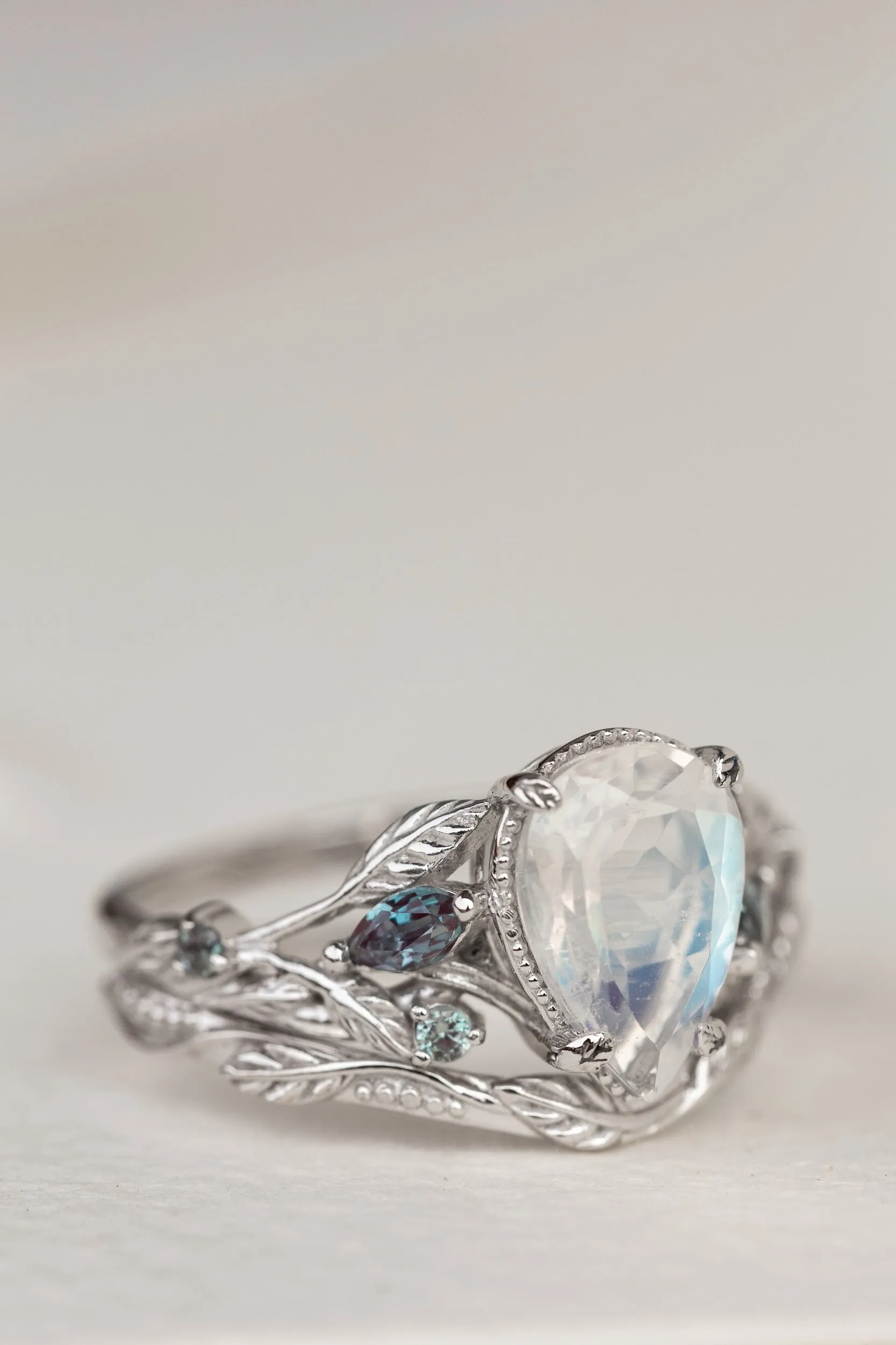 READY TO SHIP: Patricia ring set in 14K white gold, natural moonstone pear cut 10x7 mm, accent lab alexandrites, AVAILABLE RING SIZES: 5.5-7.5US