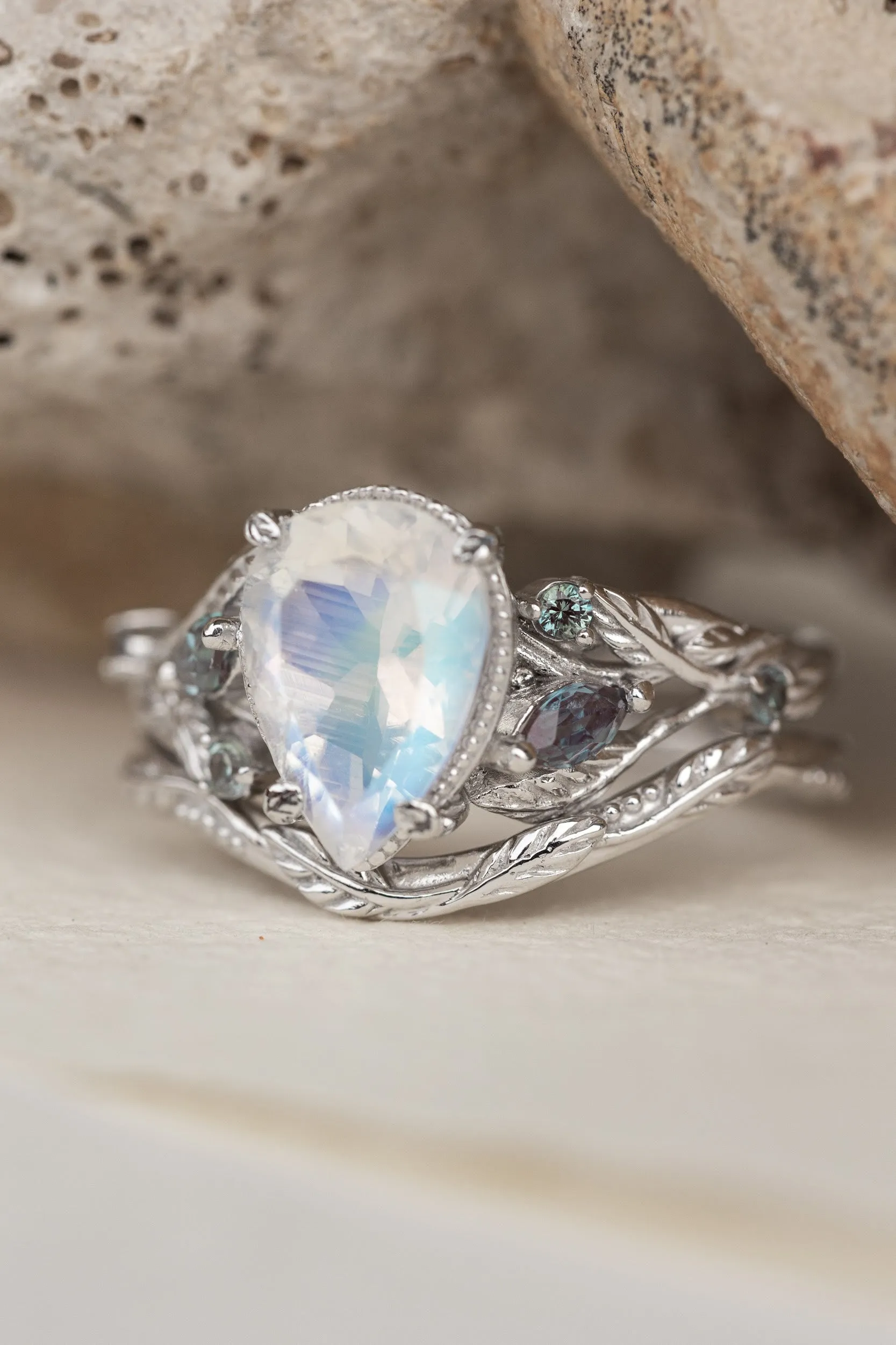 READY TO SHIP: Patricia ring set in 14K white gold, natural moonstone pear cut 10x7 mm, accent lab alexandrites, AVAILABLE RING SIZES: 5.5-7.5US