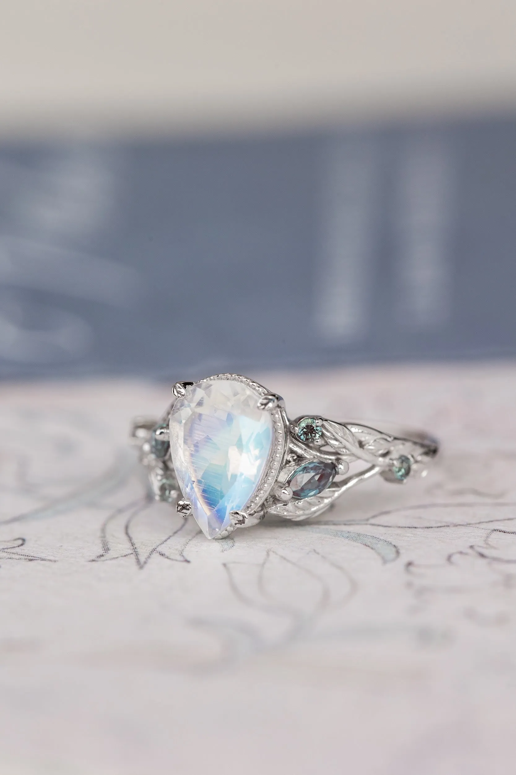 READY TO SHIP: Patricia ring set in 14K white gold, natural moonstone pear cut 10x7 mm, accent lab alexandrites, AVAILABLE RING SIZES: 5.5-7.5US