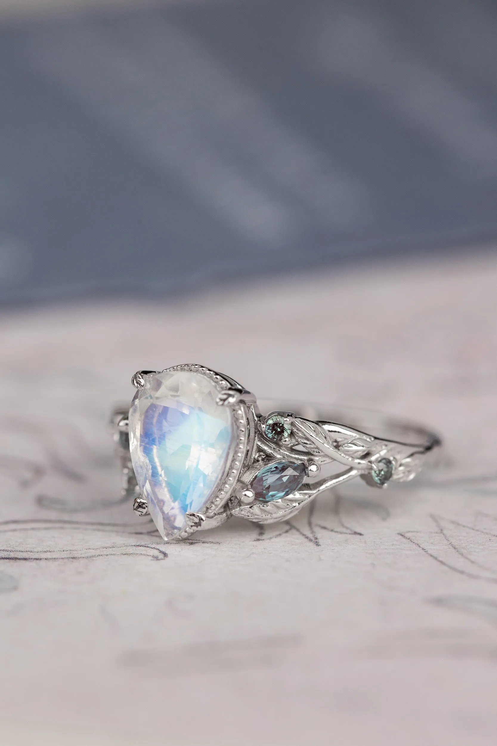 READY TO SHIP: Patricia ring set in 14K white gold, natural moonstone pear cut 10x7 mm, accent lab alexandrites, AVAILABLE RING SIZES: 5.5-7.5US