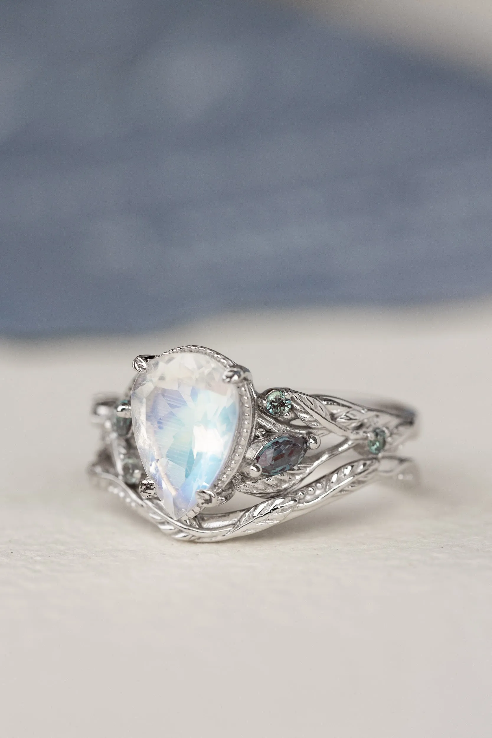 READY TO SHIP: Patricia ring set in 14K white gold, natural moonstone pear cut 10x7 mm, accent lab alexandrites, AVAILABLE RING SIZES: 5.5-7.5US