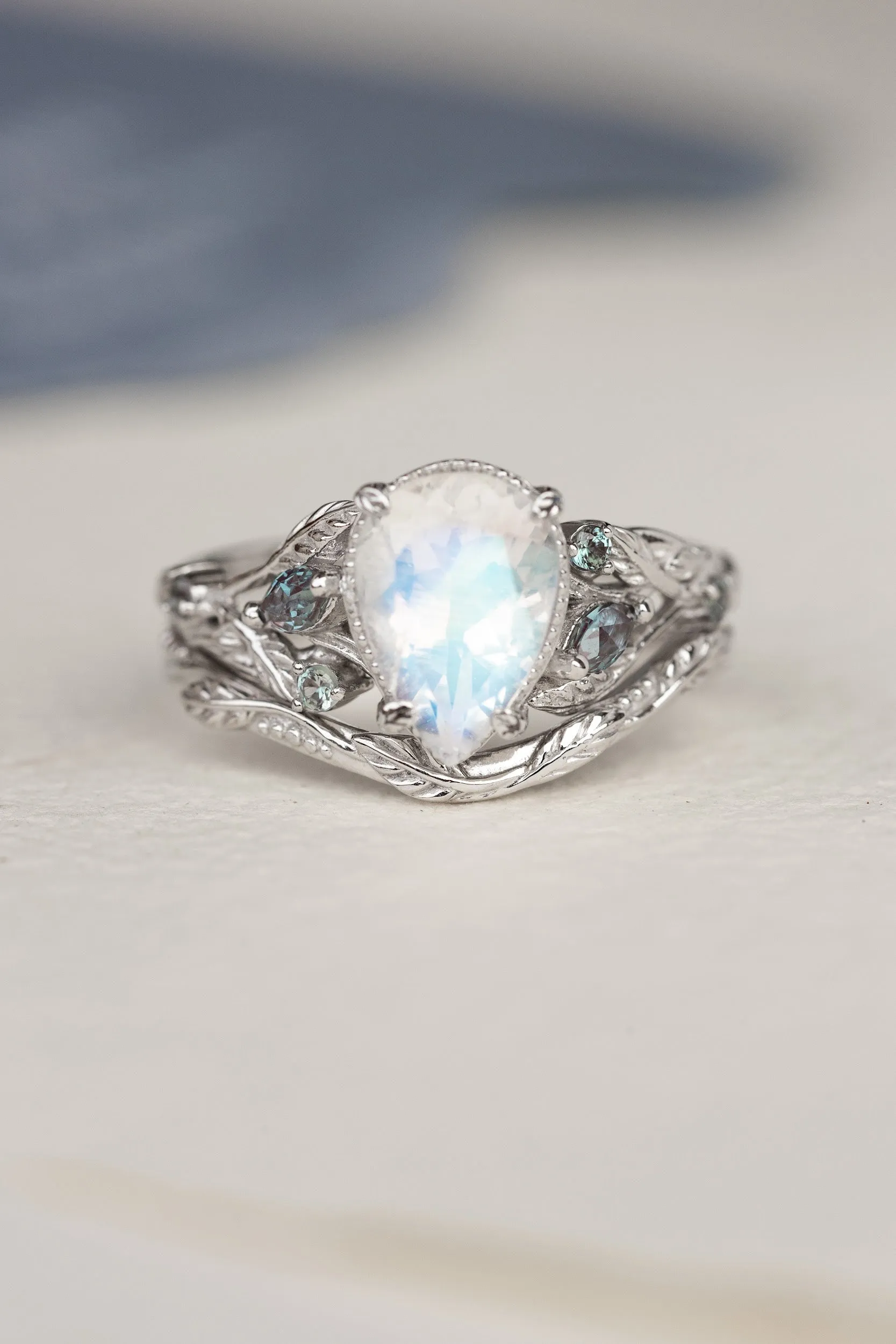 READY TO SHIP: Patricia ring set in 14K white gold, natural moonstone pear cut 10x7 mm, accent lab alexandrites, AVAILABLE RING SIZES: 5.5-7.5US