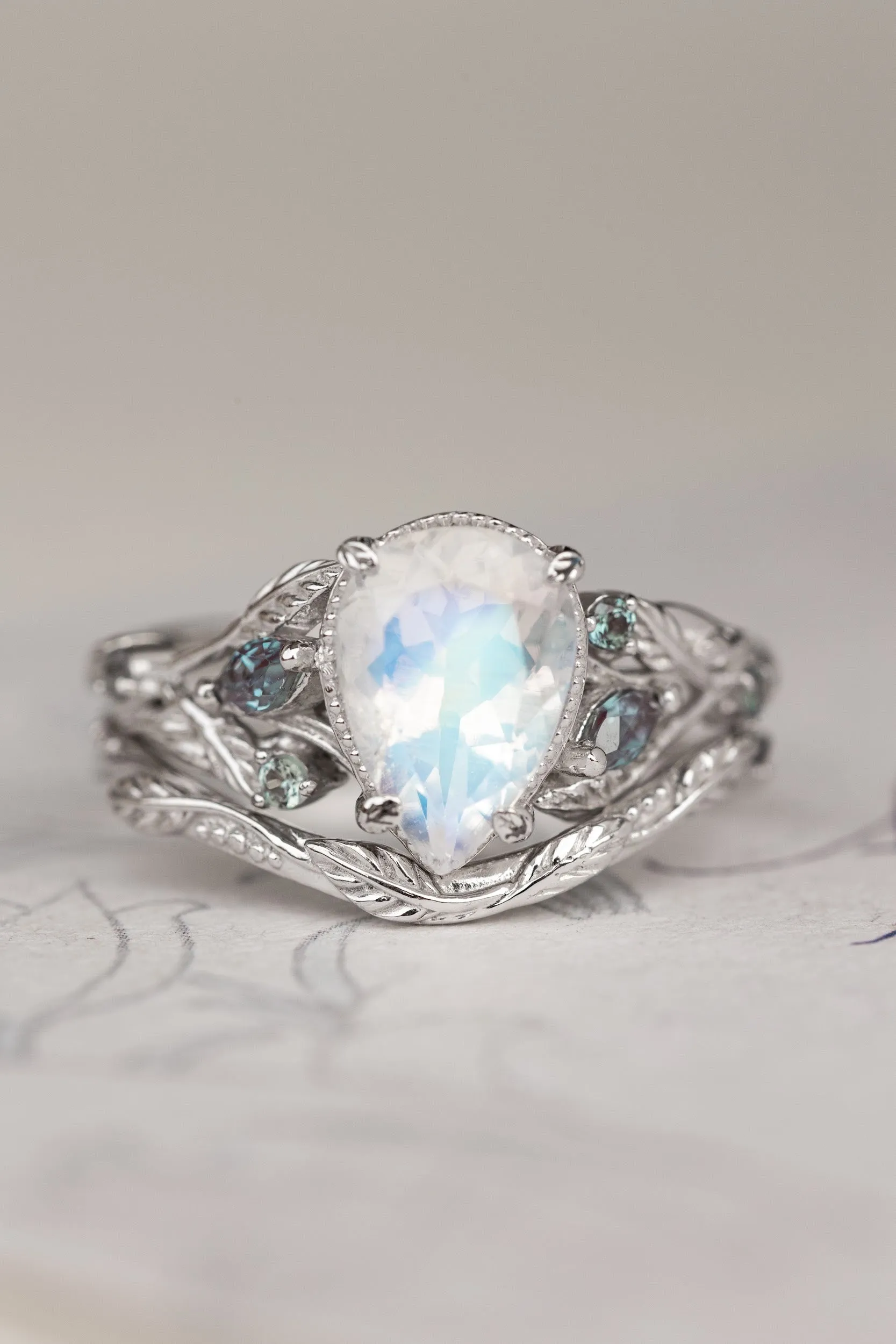 READY TO SHIP: Patricia ring set in 14K white gold, natural moonstone pear cut 10x7 mm, accent lab alexandrites, AVAILABLE RING SIZES: 5.5-7.5US