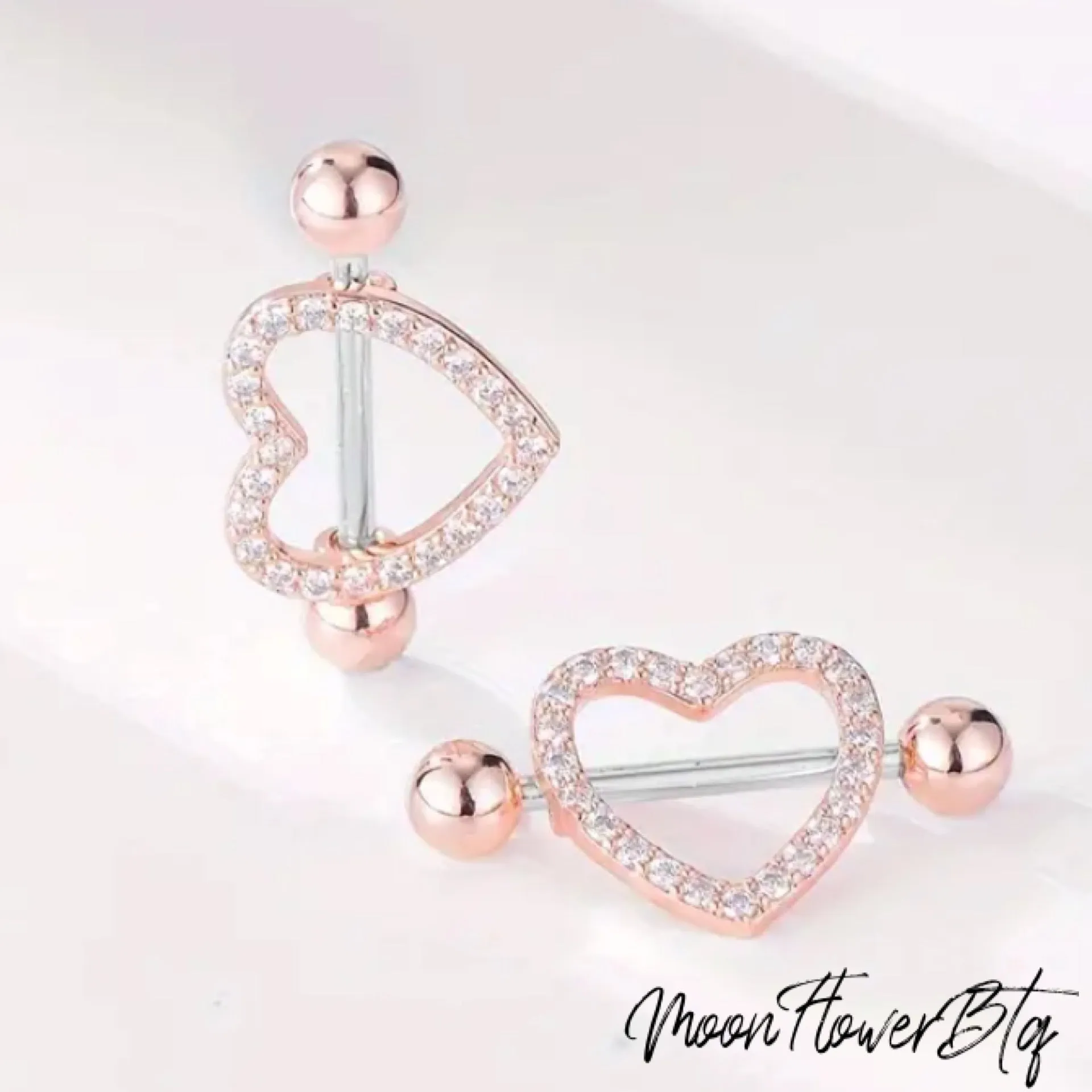 Rose Gold Rhinestone Heart Nipple Rings