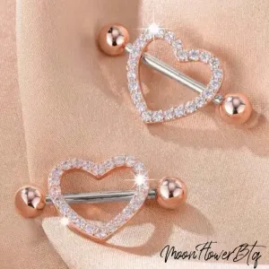 Rose Gold Rhinestone Heart Nipple Rings