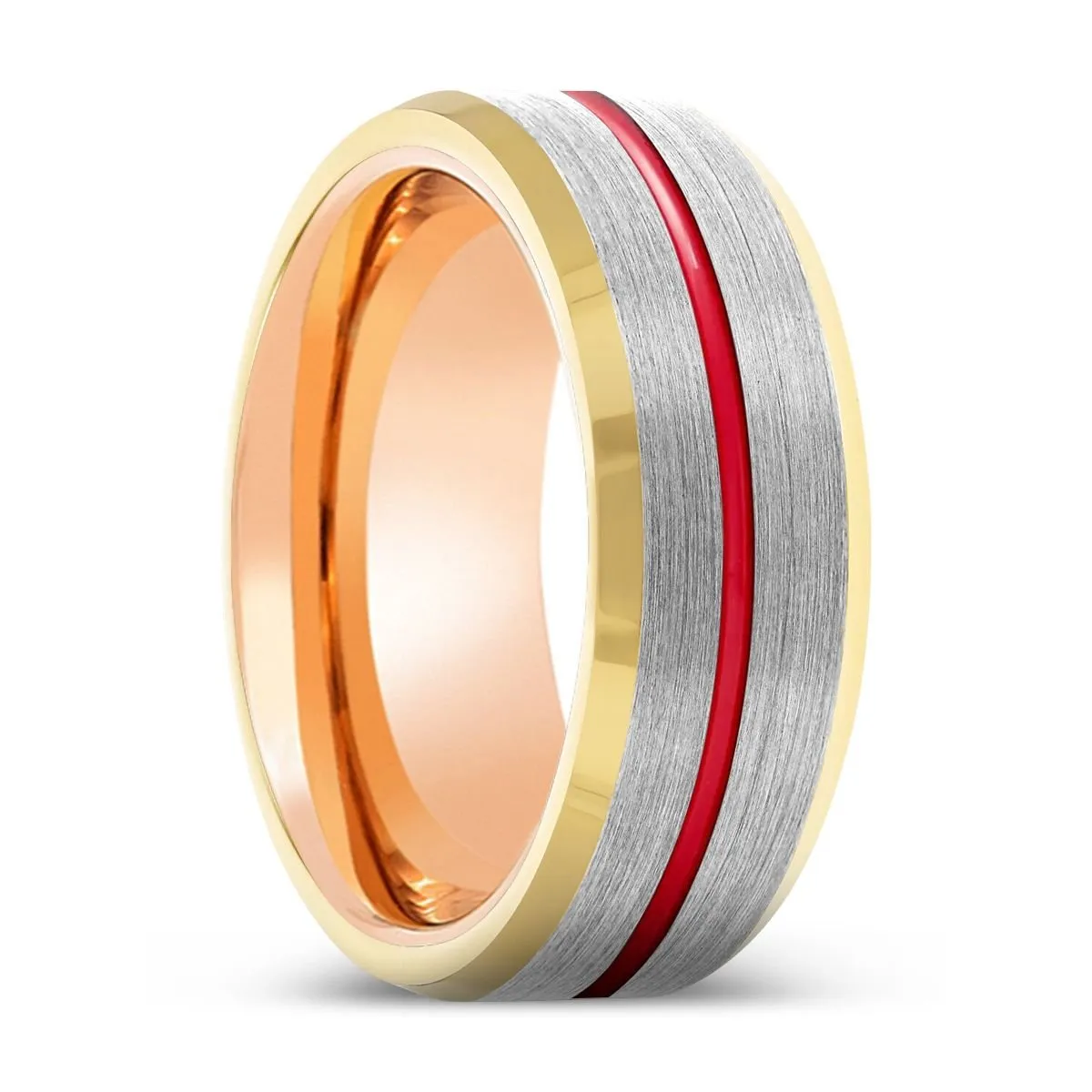 SANDMAN | Rose Gold Ring, Silver Tungsten Ring, Red Groove, Gold Beveled Edge