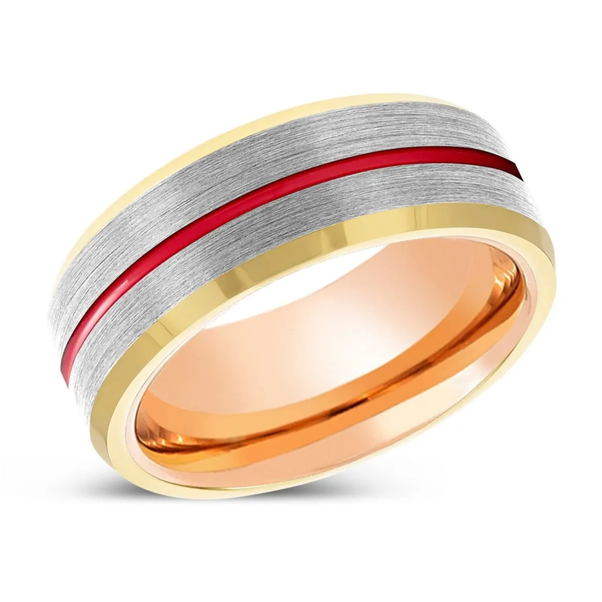 SANDMAN | Rose Gold Ring, Silver Tungsten Ring, Red Groove, Gold Beveled Edge