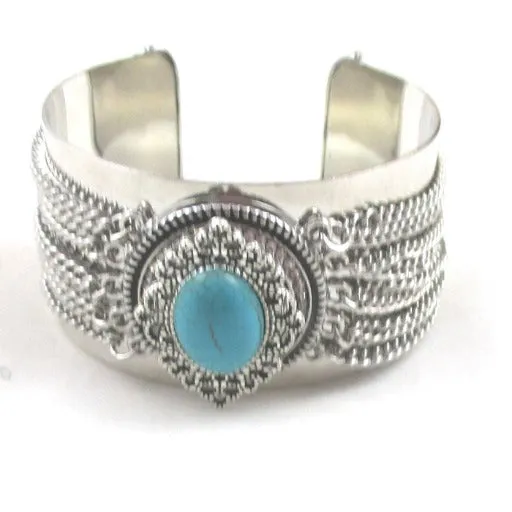 Silver Cuff Wide Bracelet with Turquoise Gemstone Accent