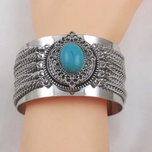 Silver Cuff Wide Bracelet with Turquoise Gemstone Accent