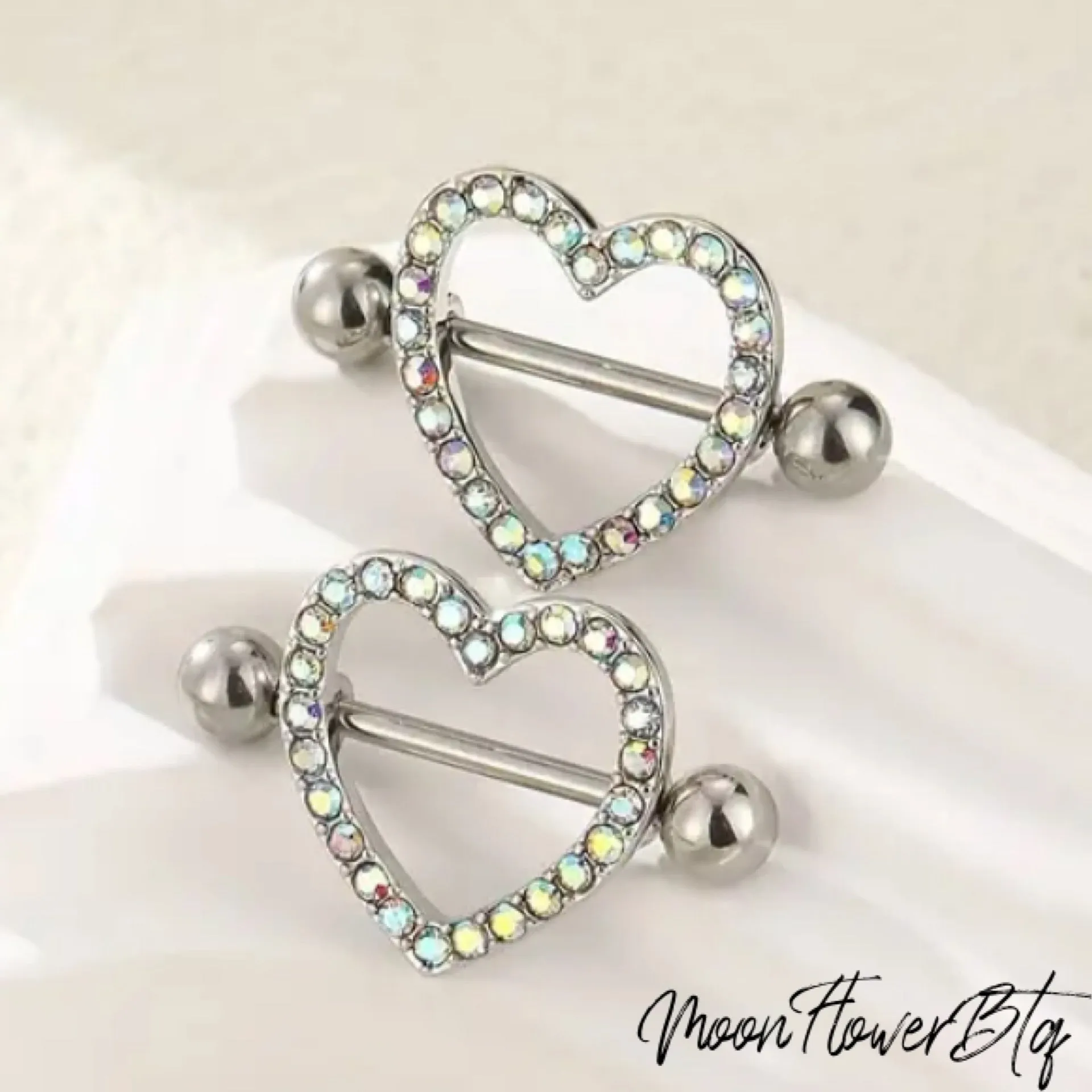 Silver Sparkly Heart Iridescent Rhinestone Nipple Rings