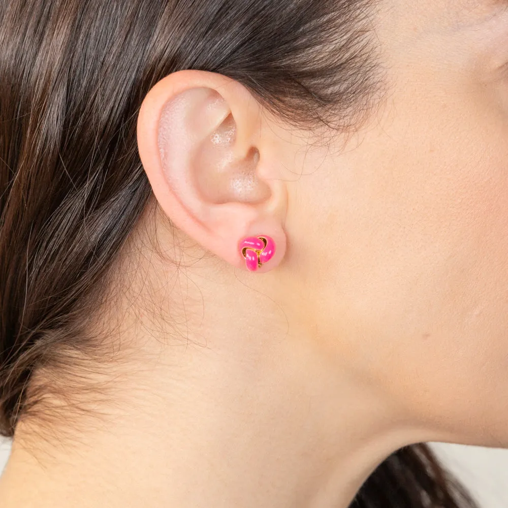 Sterling Silver Gold Plated Fuchsia Enamel Knot Stud Earrings