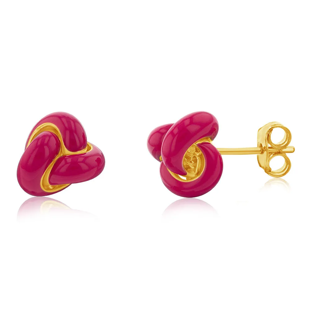 Sterling Silver Gold Plated Fuchsia Enamel Knot Stud Earrings