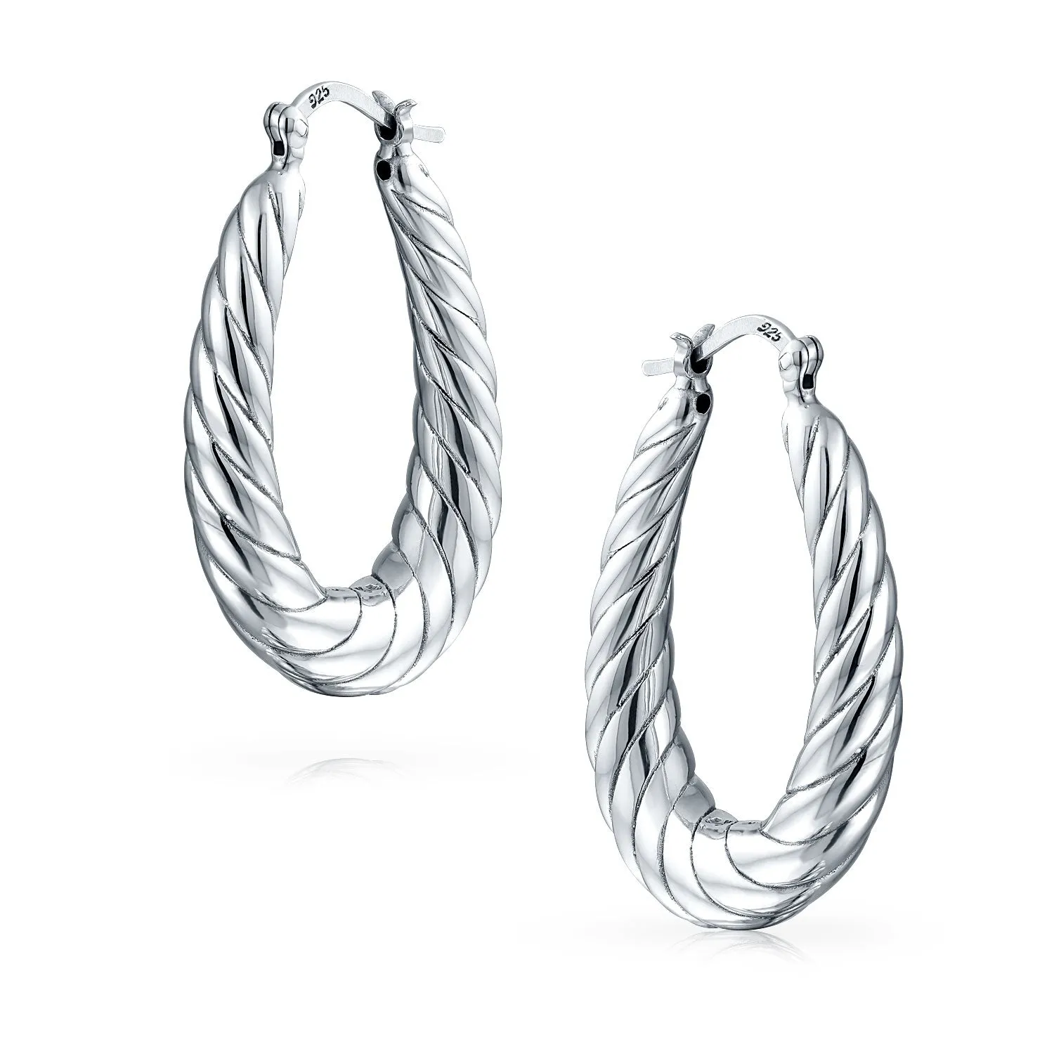 Twisted Wide Hollow Hoop Huggie Earrings in Sterling Silver 1.3 Inch Oval Tube